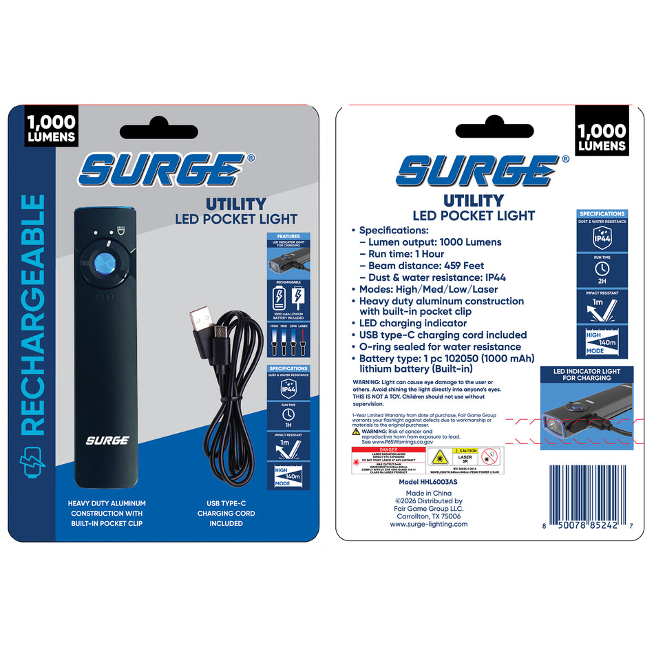 Surge® 1,000 Lumen Rechargeable Slim Pocket Light with Laser